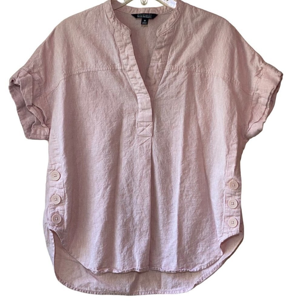 NICOLE MILLER ORIGINAL Women's Linen-Blend  Pullover Top Size M  Pale Pink  V-ne